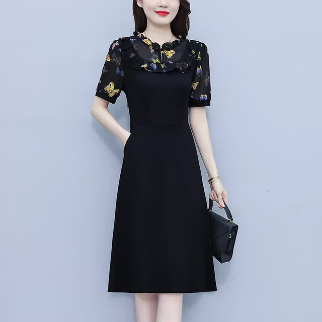 水中花 气质韩版显瘦时尚收腰裙子中年妈妈短袖连衣裙 女款
