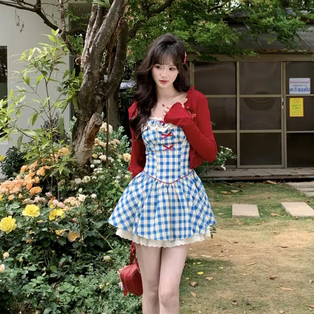 水中花 法式复古格子小飞袖高级感蓬蓬裙女吊带连衣裙 女款 蓝色