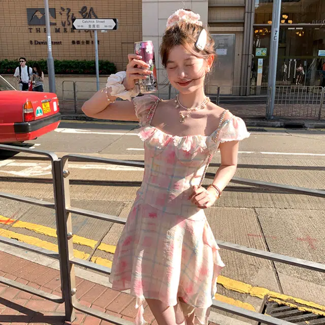 水中花 修身格子方领时尚百搭设计感吊带连衣裙 女款 图片色