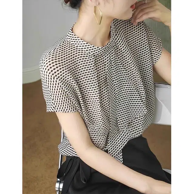 水中花 设计感小众宽松法式格子短袖衬衫 女款