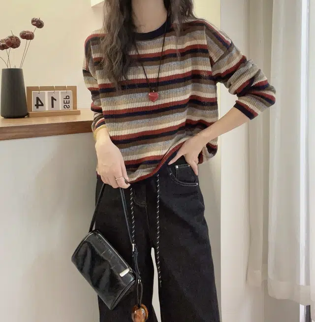 水中花 条纹套头秋冬装洋气韩版宽松圆领百搭上衣针织衫 女款