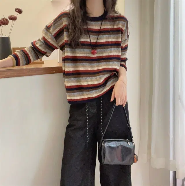 水中花 条纹套头秋冬装洋气韩版宽松圆领百搭上衣针织衫 女款