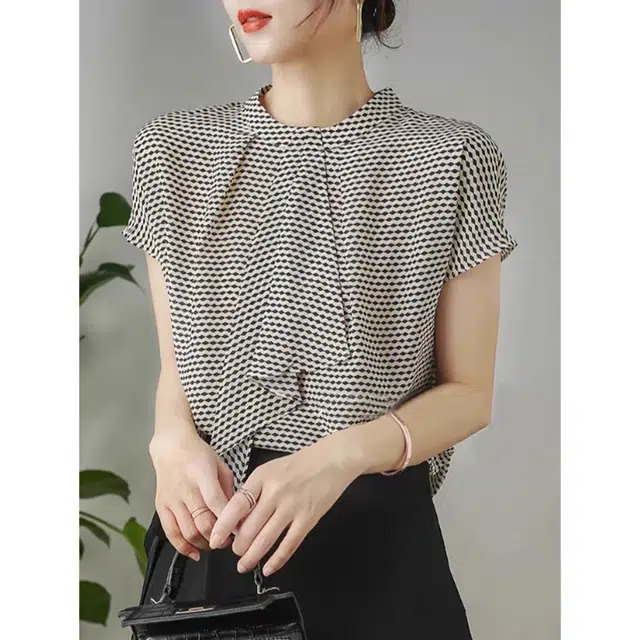 水中花 设计感小众宽松法式格子短袖衬衫 女款