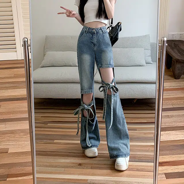 水中花 蝴蝶结镂空破洞设计感高腰显瘦牛仔裤 女款 蓝色