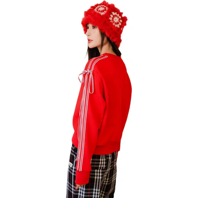 水中花 本命年甜美绑带蝴蝶结个性文字休闲卫衣 女款 红色