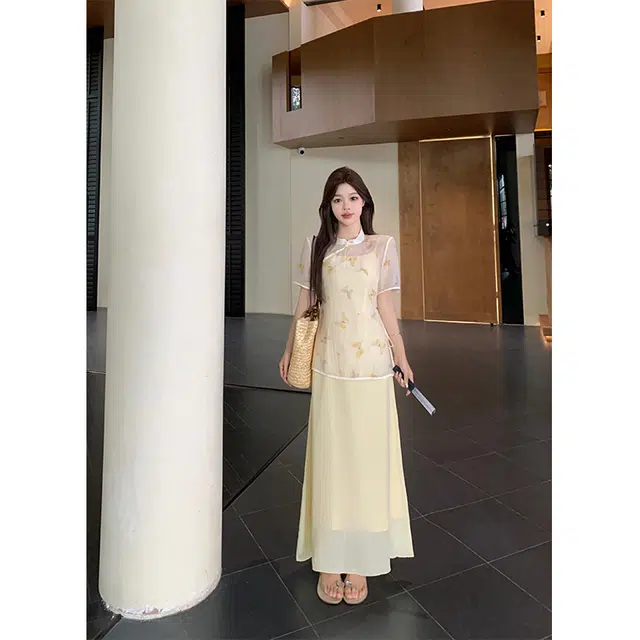 水中花 大码新中式国风气质防晒罩衫盘扣短袖上衣吊带连衣长裙子两件裙装套装 女款