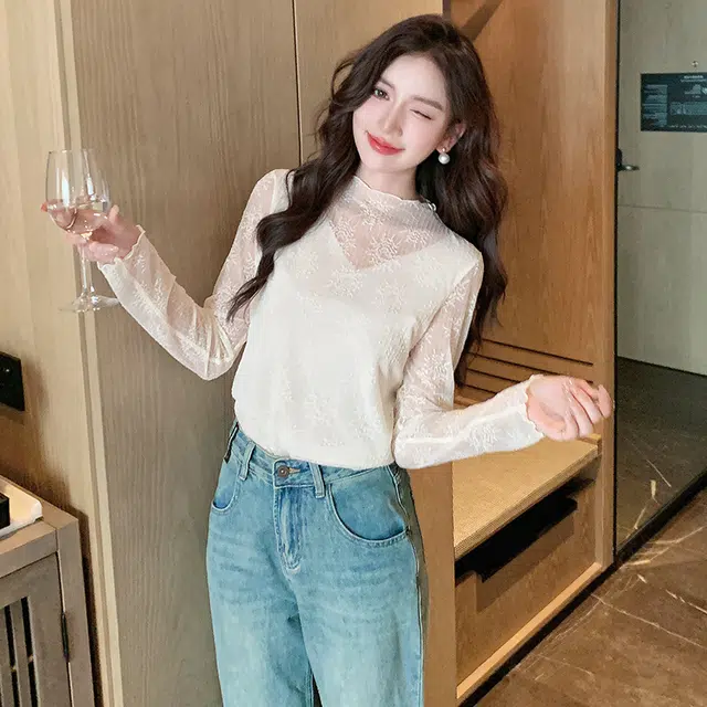 水中花 蕾丝植物花卉宽松半高领简约舒适通勤长袖衬衫 女款