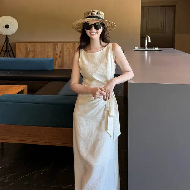 水中花 法式气质无袖女夏季大方得体高级感收腰长裙吊带连衣裙 女款