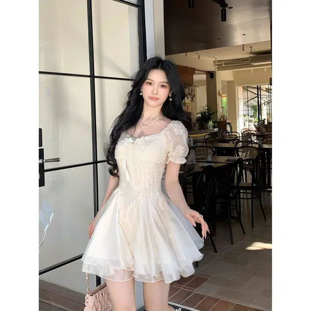 水中花 纯欲白月光气质剪花蓬蓬网纱拼接公主裙短袖连衣裙 女款