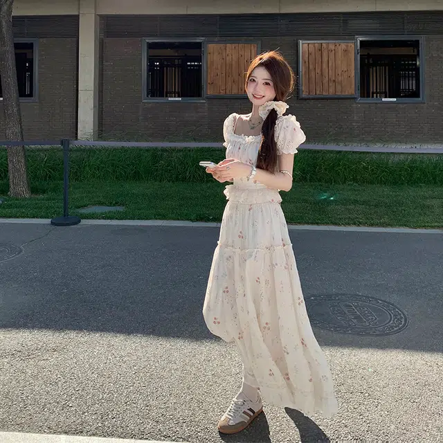 水中花 法式一字肩上衣碎花长裙裙装套装 女款