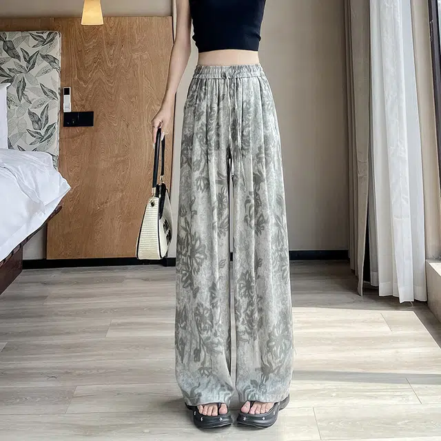水中花 法式复古慵懒印花阔腿裤宽松垂坠感遮肉显瘦休闲裤 女款