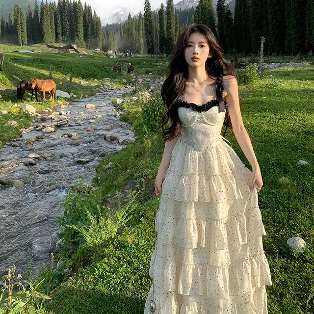 水中花 波点连身裙夏日绝美小裙子吊带连衣裙  女款