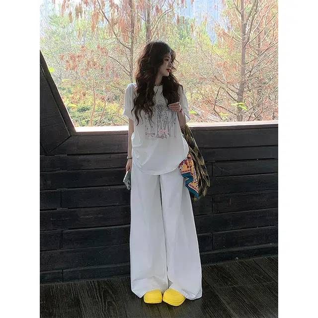水中花 宽松高腰垂感阔腿裤搭配时尚短袖休闲套装 女款 白色