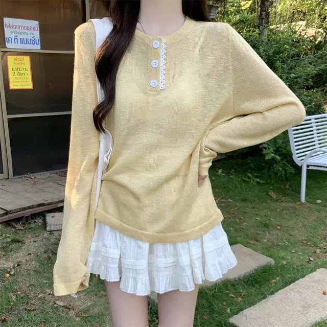 水中花 夏季韩版宽松甜美纽扣设计防晒可内搭罩衫上衣针织衫 女款