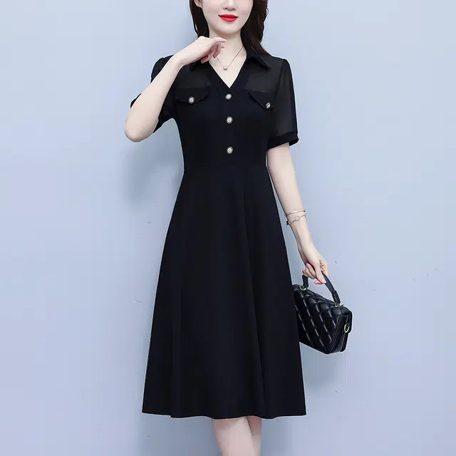 水中花 高档气质时尚收腰显瘦中长短袖连衣裙 女款