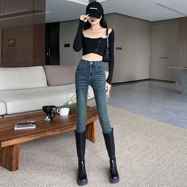 水中花 铅笔裤复古修身牛仔裤 女款 怀旧蓝