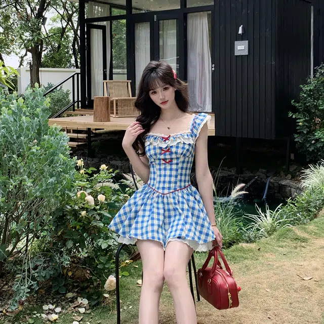 水中花 法式复古格子小飞袖高级感蓬蓬裙女吊带连衣裙 女款 蓝色