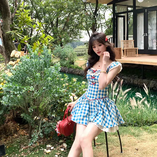 水中花 法式复古格子小飞袖高级感蓬蓬裙女吊带连衣裙 女款 蓝色