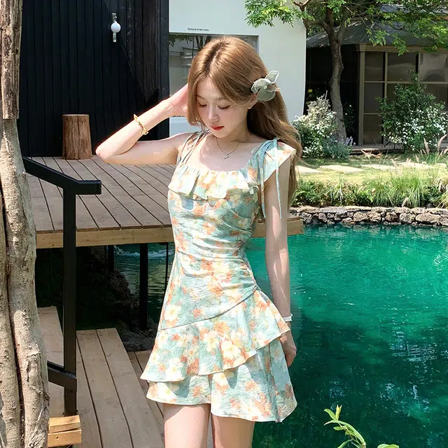 水中花 油画感不规则度假鱼尾碎花裙吊带连衣裙 女款 油画绿