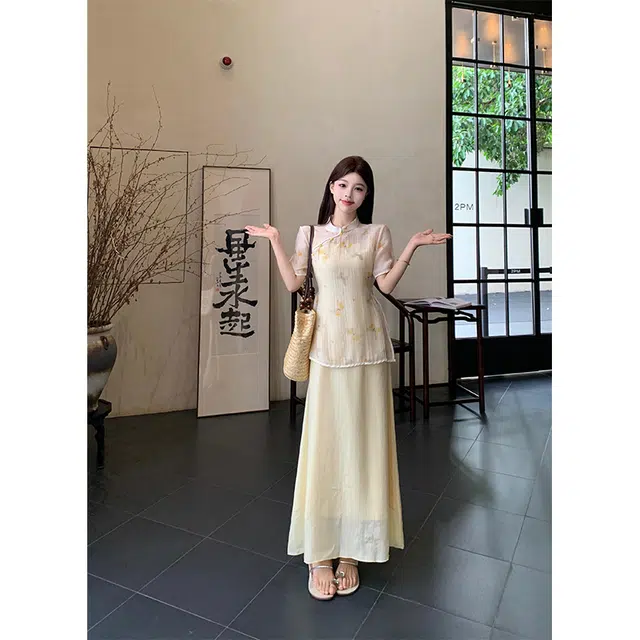 水中花 大码新中式国风气质防晒罩衫盘扣短袖上衣吊带连衣长裙子两件裙装套装 女款