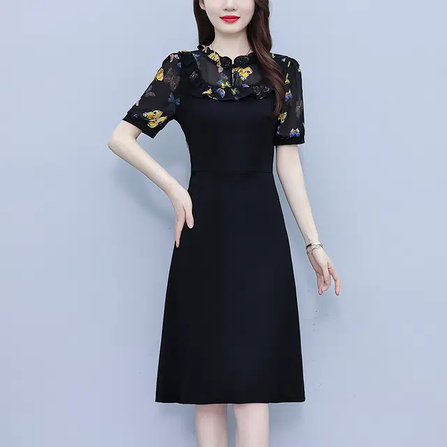 水中花 气质韩版显瘦时尚收腰裙子中年妈妈短袖连衣裙 女款