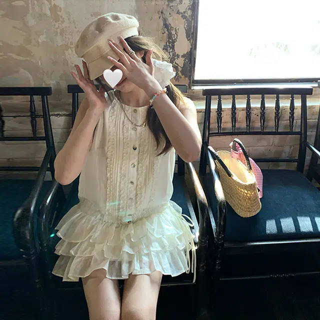 水中花 法式小众不撞款立体花边裙摆圆领套头小个子无袖连衣裙 女款 白色