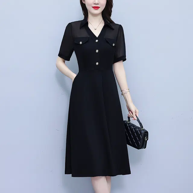 水中花 高档气质时尚收腰显瘦中长短袖连衣裙 女款