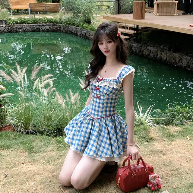 水中花 法式复古格子小飞袖高级感蓬蓬裙女吊带连衣裙 女款 蓝色