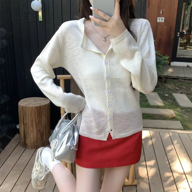 水中花 韩版宽松百搭单排扣防晒薄款长袖开衫上衣针织衫 女款