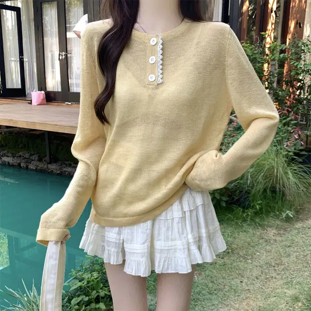 水中花 夏季韩版宽松甜美纽扣设计防晒可内搭罩衫上衣针织衫 女款