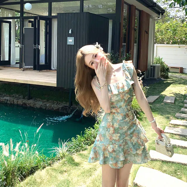 水中花 油画感不规则度假鱼尾碎花裙吊带连衣裙 女款 油画绿