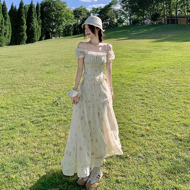 水中花 法式一字肩上衣碎花长裙裙装套装 女款