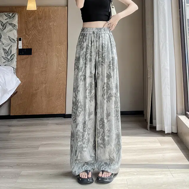 水中花 法式复古慵懒印花阔腿裤宽松垂坠感遮肉显瘦休闲裤 女款