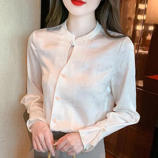 水中花 新中式旗袍国风高级感盘扣长袖衬衫 女款 杏色