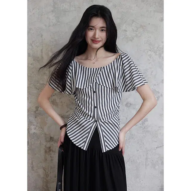 水中花 条纹短袖法式荷叶一字肩收腰小衫衬衫 女款