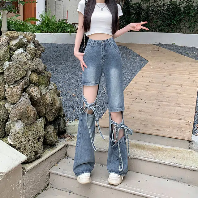 水中花 蝴蝶结镂空破洞设计感高腰显瘦牛仔裤 女款 蓝色
