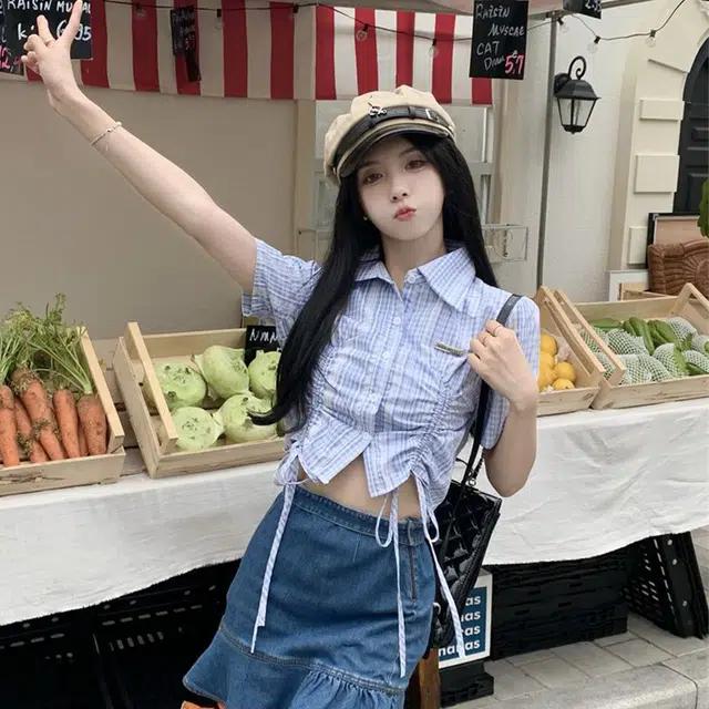 水中花 抽绳甜美设计感心机小众别致上衣短袖衬衫 女款