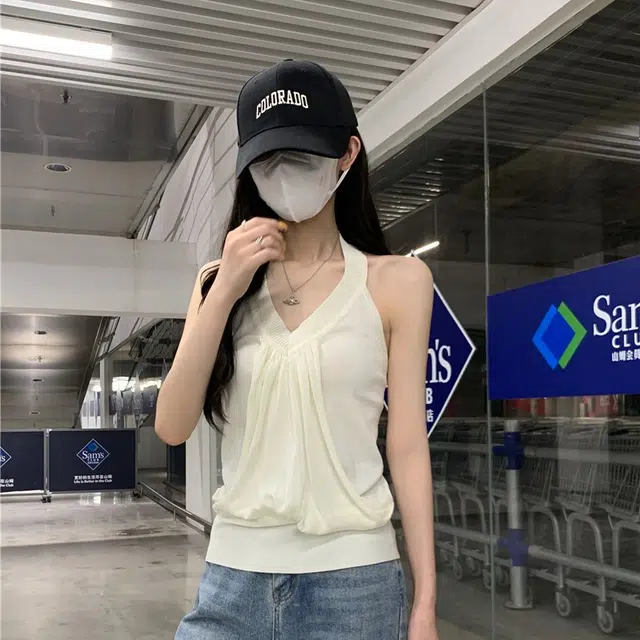 水中花 堆叠感无袖挂脖上衣背心女夏外穿吊带 女款