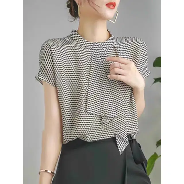 水中花 设计感小众宽松法式格子短袖衬衫 女款