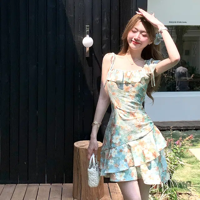 水中花 油画感不规则度假鱼尾碎花裙吊带连衣裙 女款 油画绿