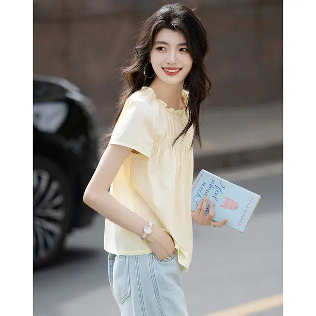 水中花 温柔夏季弹橡筋圆领宽松舒适短袖衬衫 女款