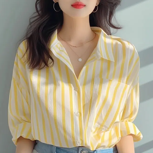 水中花 竖条纹早春衬衣欧货洋气小衫爆款海边防晒衫衬衫 女款