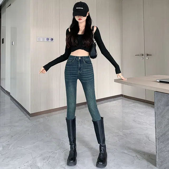 水中花 铅笔裤复古修身牛仔裤 女款 怀旧蓝