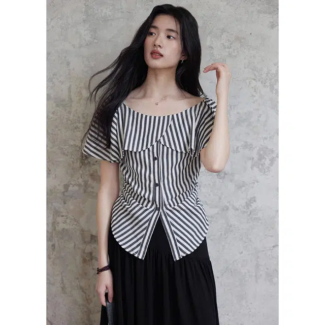 水中花 条纹短袖法式荷叶一字肩收腰小衫衬衫 女款