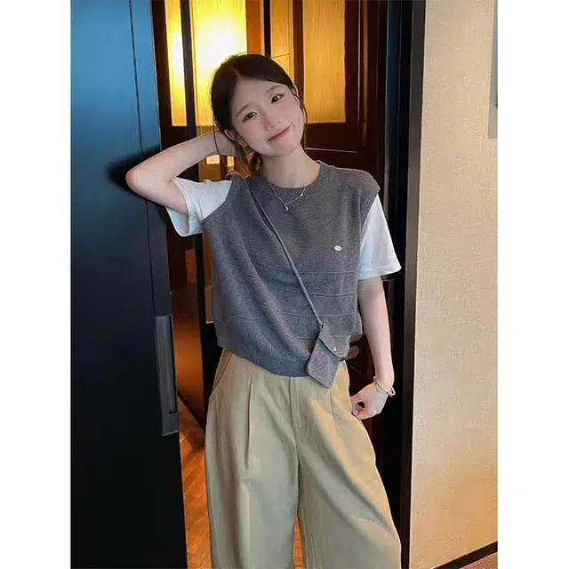 水中花 韩版时尚宽松简约设计感假两件撞色条纹衫+挂包针织衫 女款