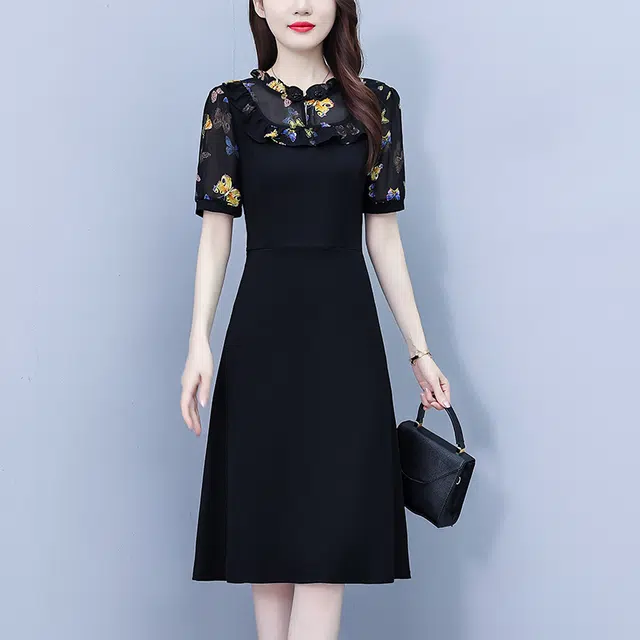水中花 气质韩版显瘦时尚收腰裙子中年妈妈短袖连衣裙 女款