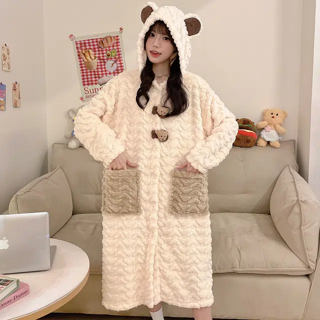 夏芬妍 舒适亲肤柔软可爱小熊卡通连帽家居服加绒加厚蓄温保暖长袖可外穿秋冬款睡袍/浴袍 女款 杏色