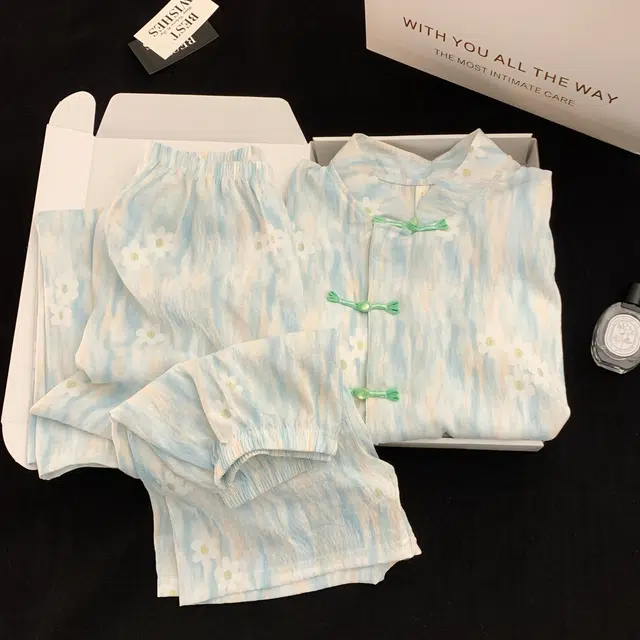 夏芬妍 中式风盘扣流光花朵家居服舒适柔软休闲带胸垫三件套可外穿睡衣套装 女款