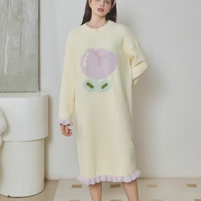 夏芬妍 简约甜美柔软亲肤郁金香花边半边绒家居服蓄温保暖长袖可外穿睡裙 女款 黄色