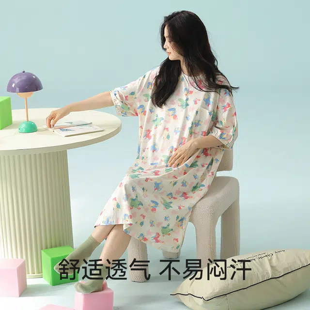 夏芬妍 柔软舒适透气亲肤萌宠油画圆领睡衣家居服休闲宽松凉感短袖时尚可外穿睡裙 女款 杏色